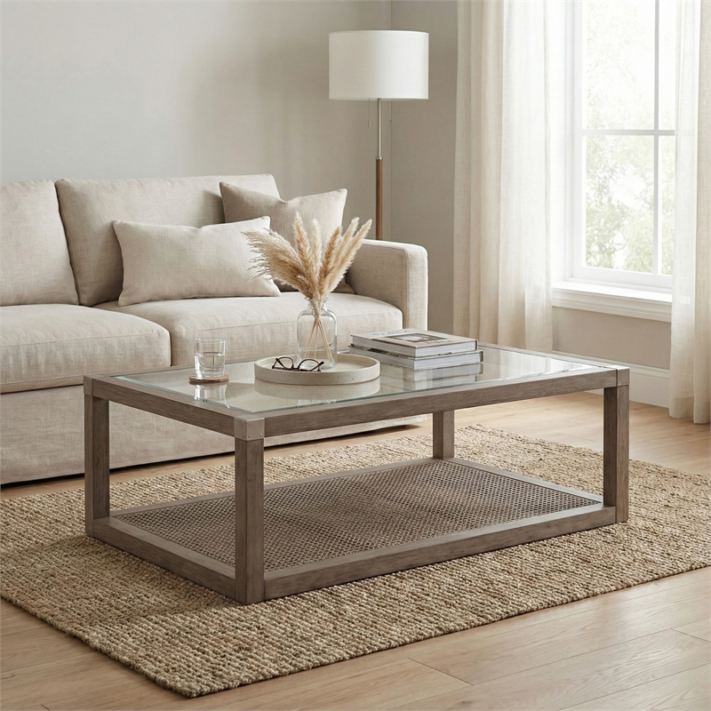 Maklaine Farmhouse Solid Wood Cocktail Table with Natural Cane Shelf
