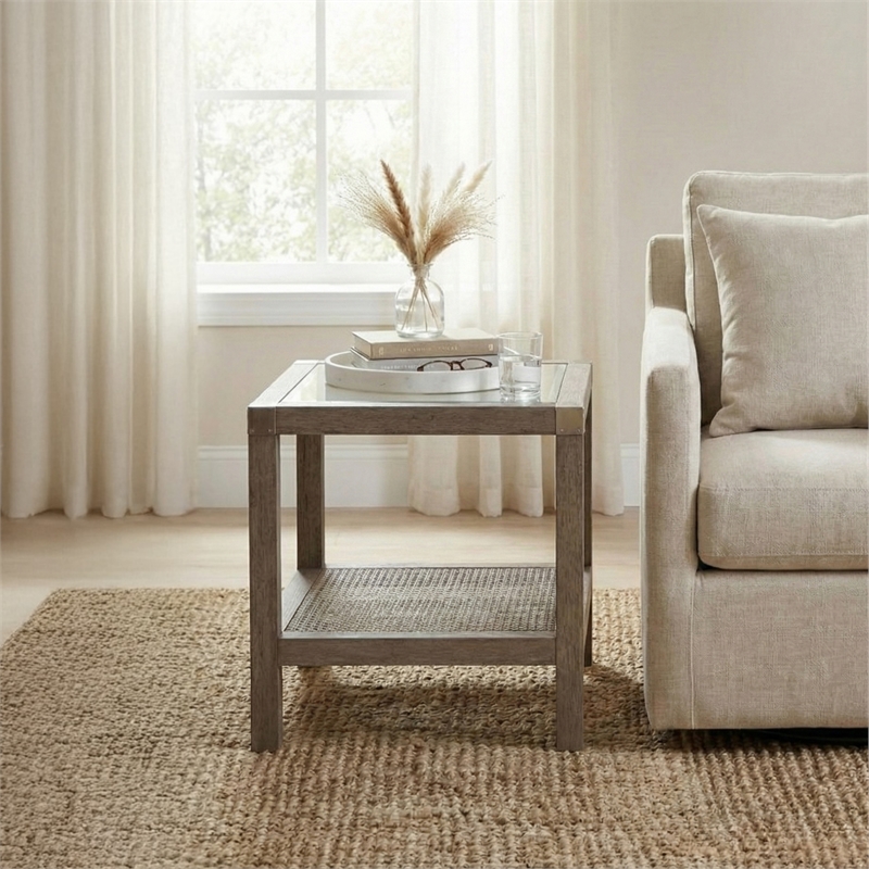 Maklaine Farmhouse Solid Wood End Table with Natural Cane Shelf