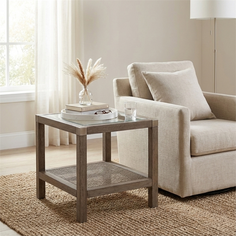 Maklaine Farmhouse Solid Wood End Table with Natural Cane Shelf