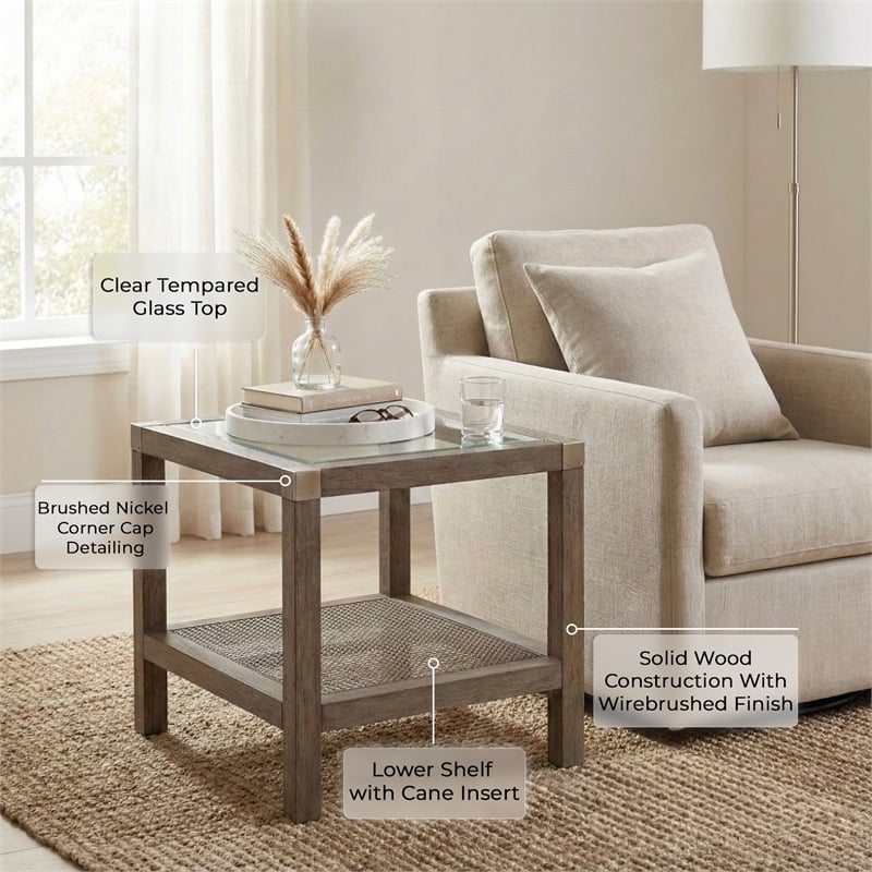 Maklaine Farmhouse Solid Wood End Table with Natural Cane Shelf