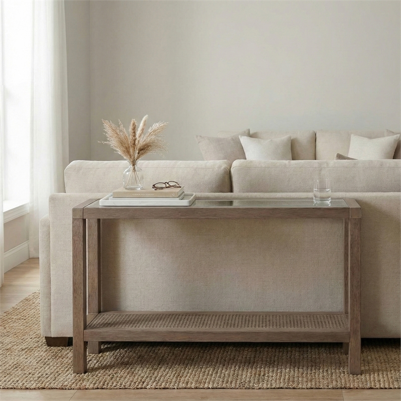 Maklaine Coastal Console Table in Natural Wire Brushed Mango Wood