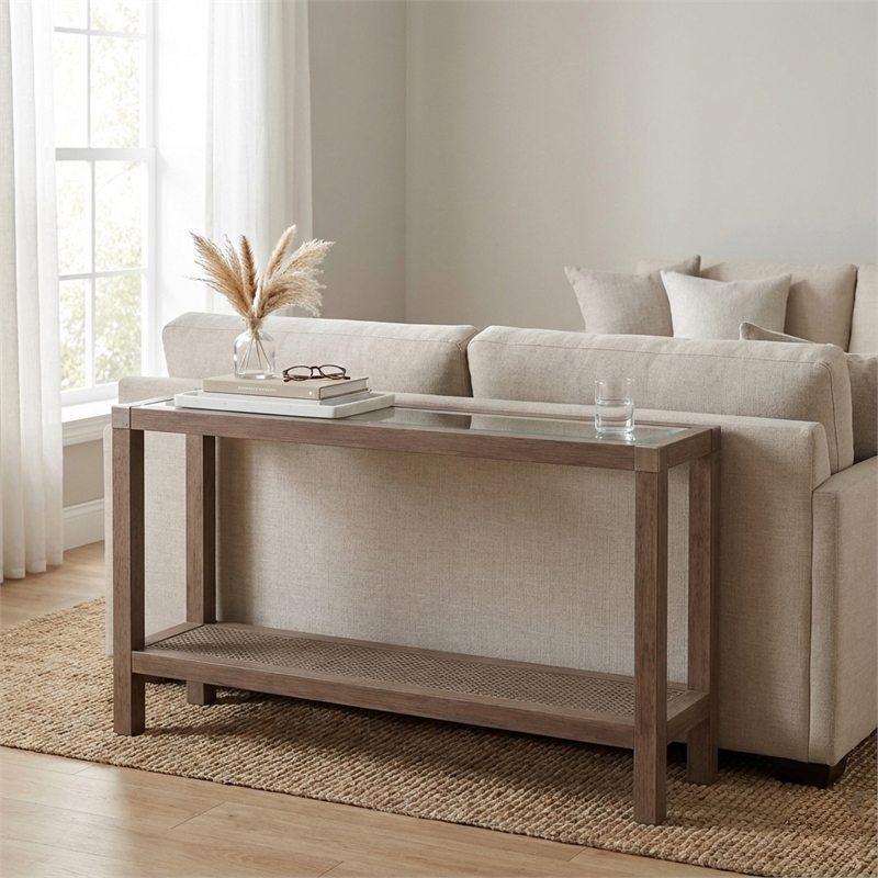 Maklaine Coastal Console Table in Natural Wire Brushed Mango Wood