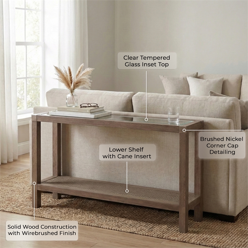 Maklaine Coastal Console Table in Natural Wire Brushed Mango Wood