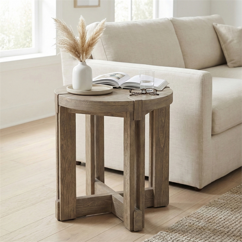 Maklaine Rustic Farmhouse Round Top End Table in Natural Mindi Wood