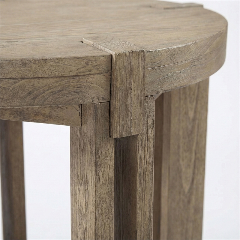 Maklaine Rustic Farmhouse Round Top End Table in Natural Mindi Wood