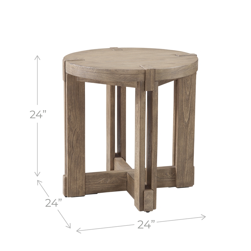 Maklaine Rustic Farmhouse Round Top End Table in Natural Mindi Wood