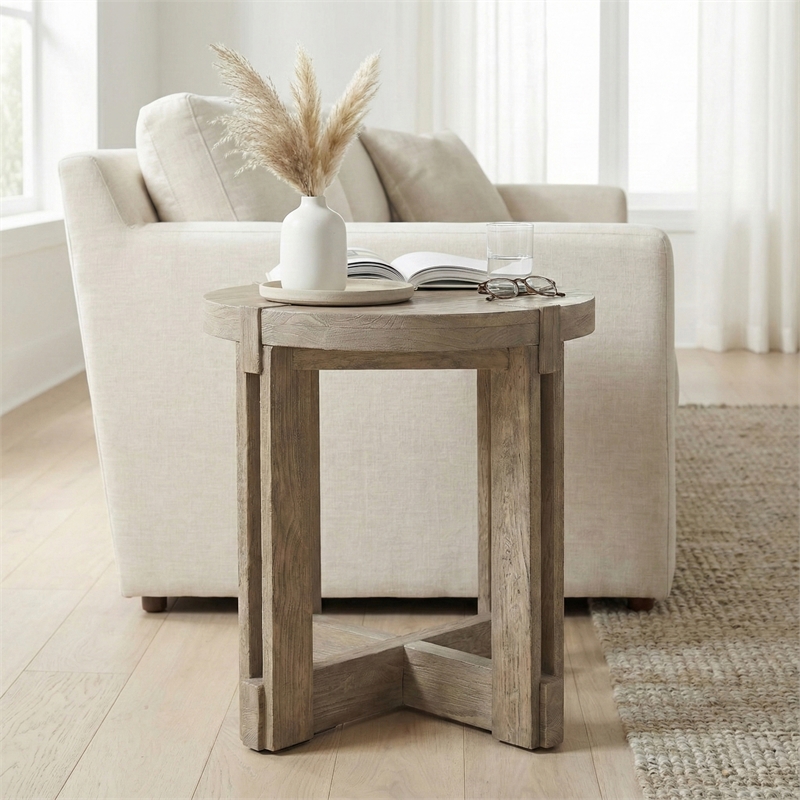 Maklaine Rustic Farmhouse Round Top End Table in Natural Mindi Wood
