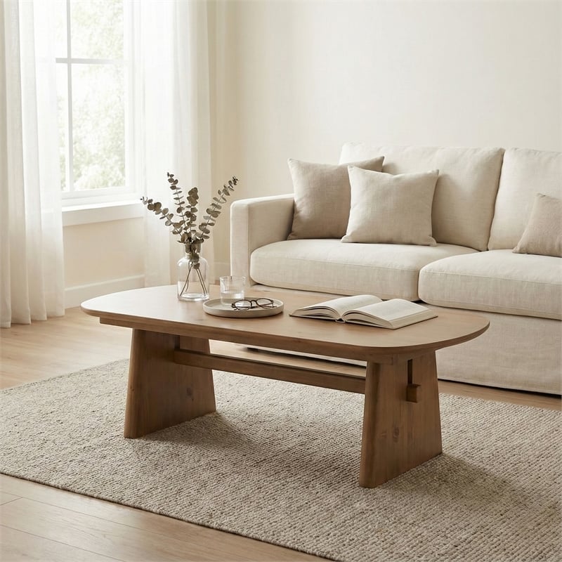 Maklaine Contemporary Accent Solid Pine Wood Coffee Table in Brown