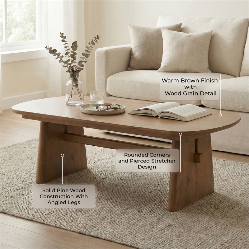 Maklaine Contemporary Accent Solid Pine Wood Coffee Table in Brown
