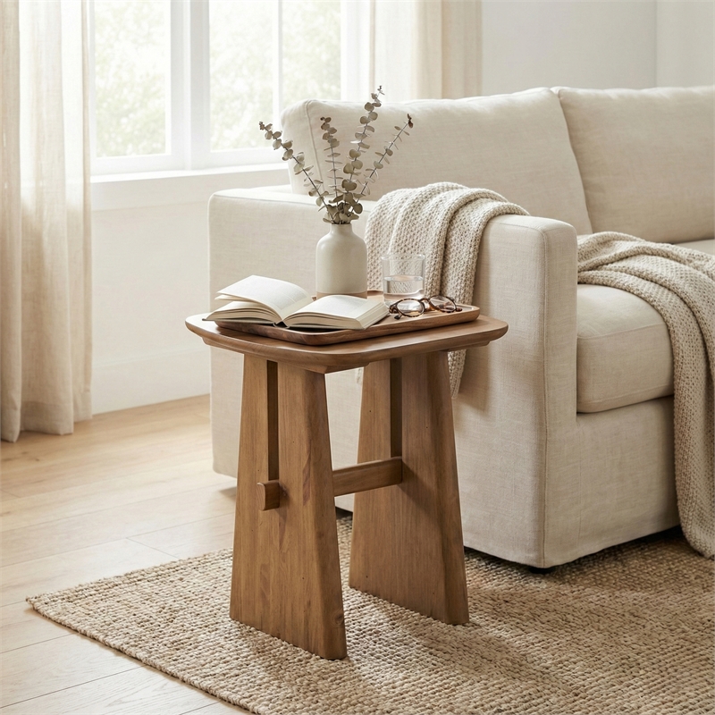 Maklaine Contemporary Solid Pine Wood End Table in Brown Finish