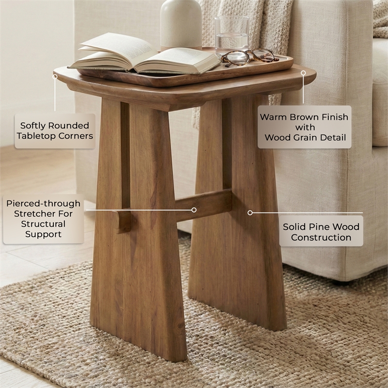 Maklaine Contemporary Solid Pine Wood End Table in Brown Finish