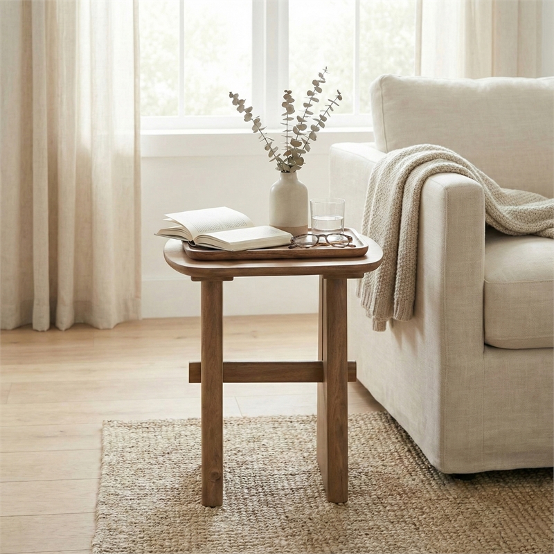 Maklaine Contemporary Solid Pine Wood End Table in Brown Finish