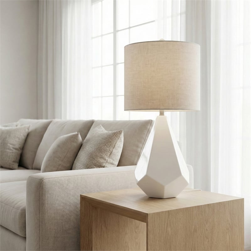 Maklaine Modern White Ceramic Table Lamp With Beige Drum Shade