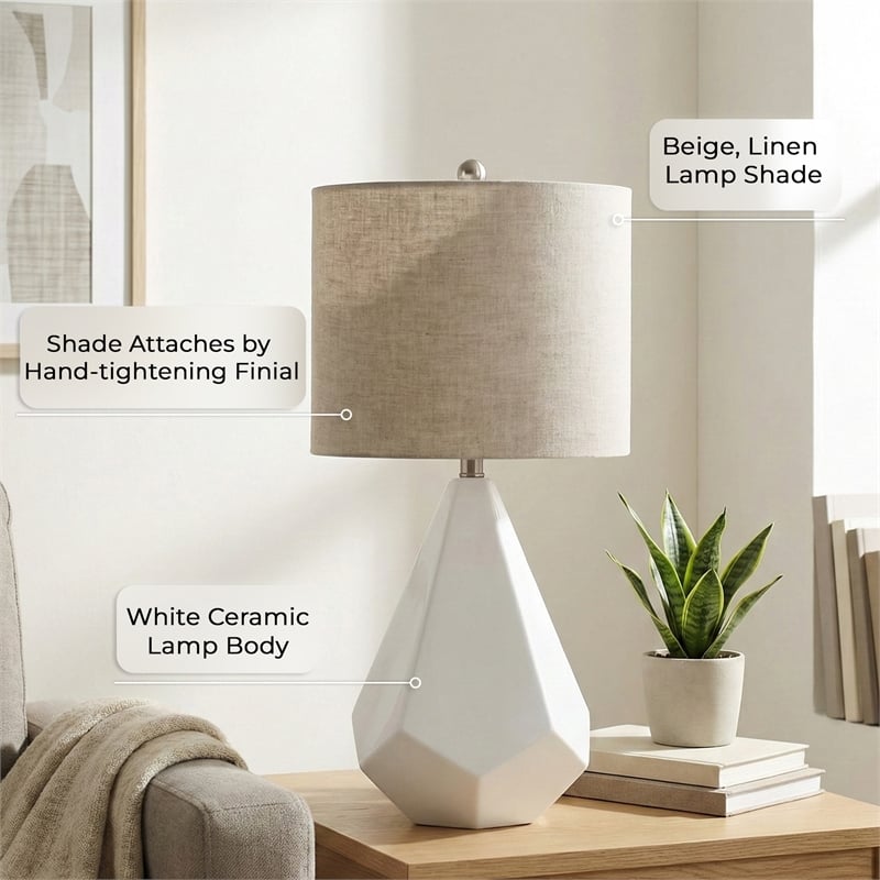Maklaine Modern White Ceramic Table Lamp With Beige Drum Shade