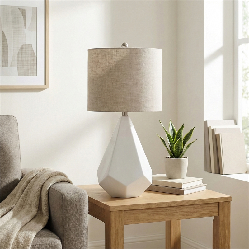 Maklaine Modern White Ceramic Table Lamp With Beige Drum Shade