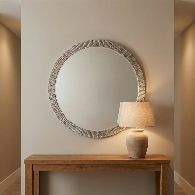 Maklaine Contemporary Round Antique Silver Resin Wall Mirror