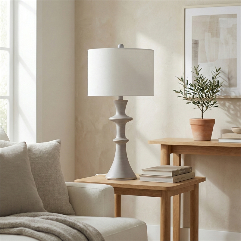 Maklaine Contemporary Table Lamp With Drum Shade in Gray Resin