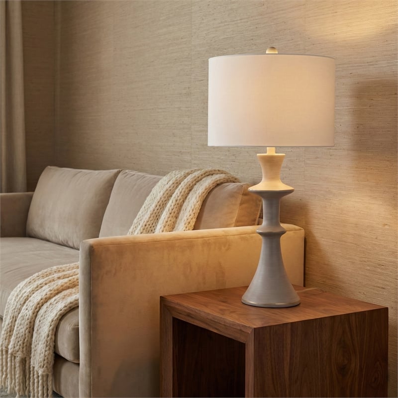 Maklaine Contemporary Table Lamp With Drum Shade in Gray Resin