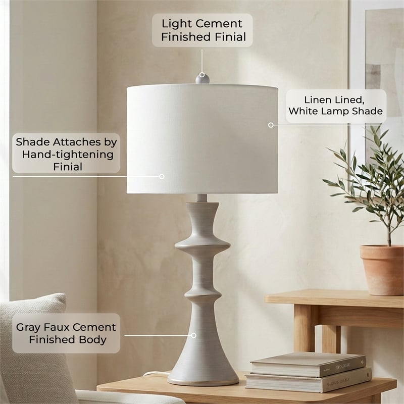 Maklaine Contemporary Table Lamp With Drum Shade in Gray Resin