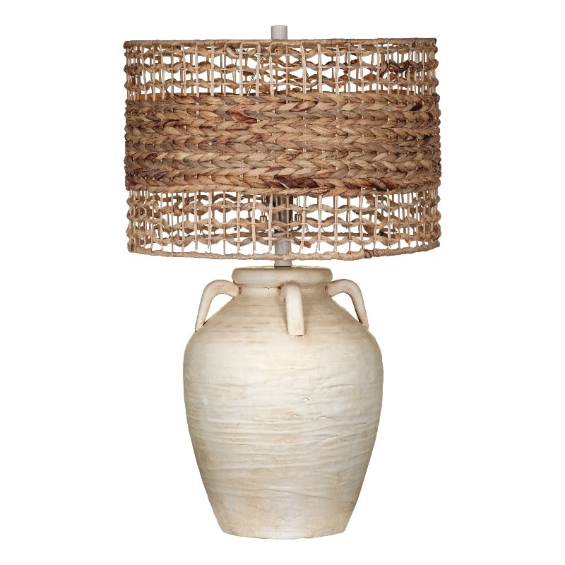 Maklaine Modern Coastal Cream Ceramic Table Lamp With Raffia Shade