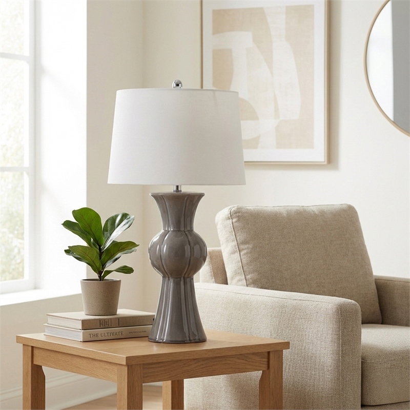 Maklaine Traditional Grey Ceramic Table Lamp With Tapered Drum Shade