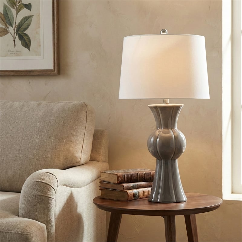 Maklaine Traditional Grey Ceramic Table Lamp With Tapered Drum Shade