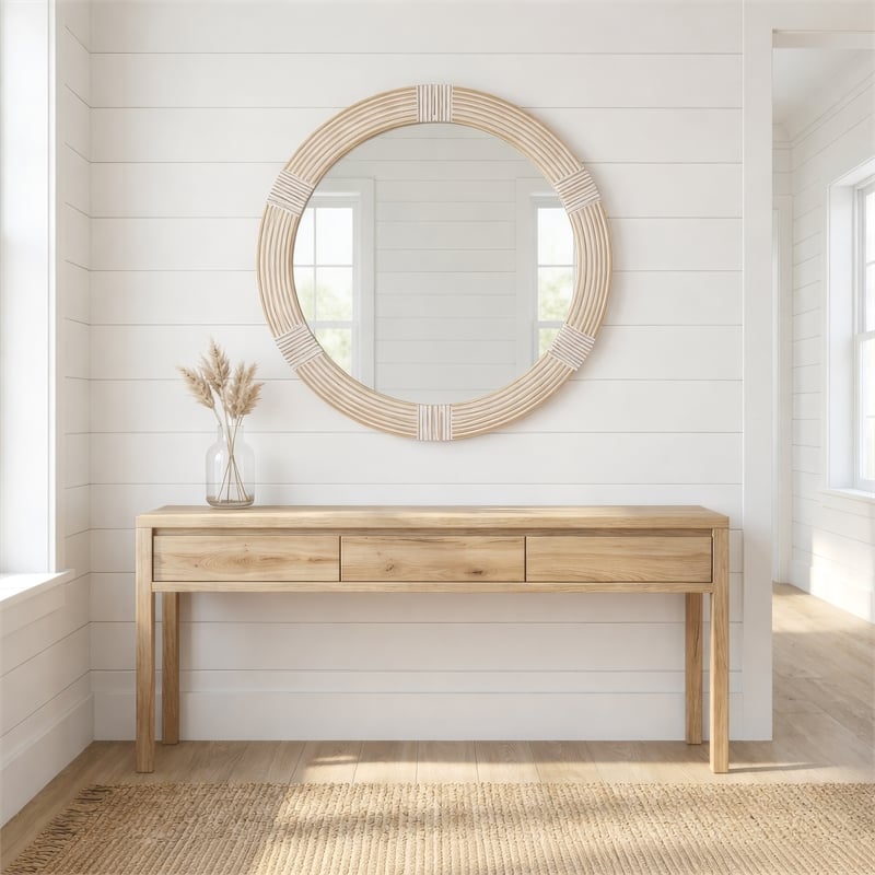 Maklaine Coastal Hand-built Round Carved Wood Frame Wall Mirror