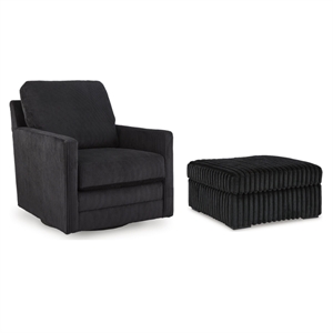 Maklaine Set of 2 Polyester Swivel Chair and Oversized Accent Ottoman in Black