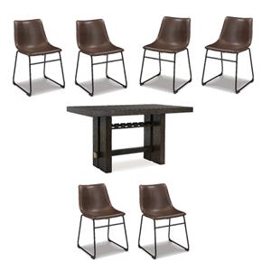 Maklaine Set of 7 Brown Counter Height Dining Table & Faux Leather Side Chairs