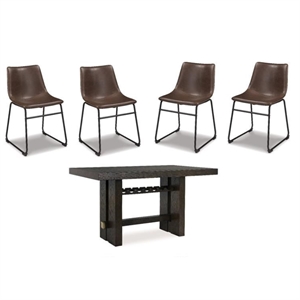 Maklaine Set of 5 Brown Counter Height Dining Table & Faux Leather Side Chairs