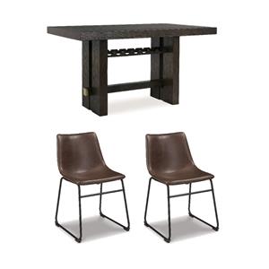 Maklaine Set of 3 Brown Counter Height Dining Table & Faux Leather Side Chairs