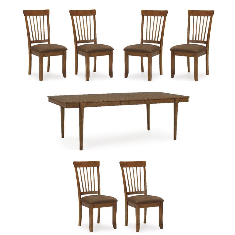 Maklaine Set of 7 Brown Dining Extension Table & Upholstered Side Chairs