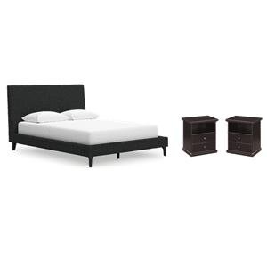 Maklaine Set of 3 Queen Upholstered Bed with Roll Slats & 1-Drawer Nightstands