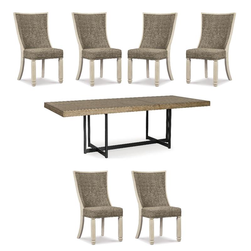 Maklaine Set of 7 Dining Extension Table & Upholstered Side Chairs
