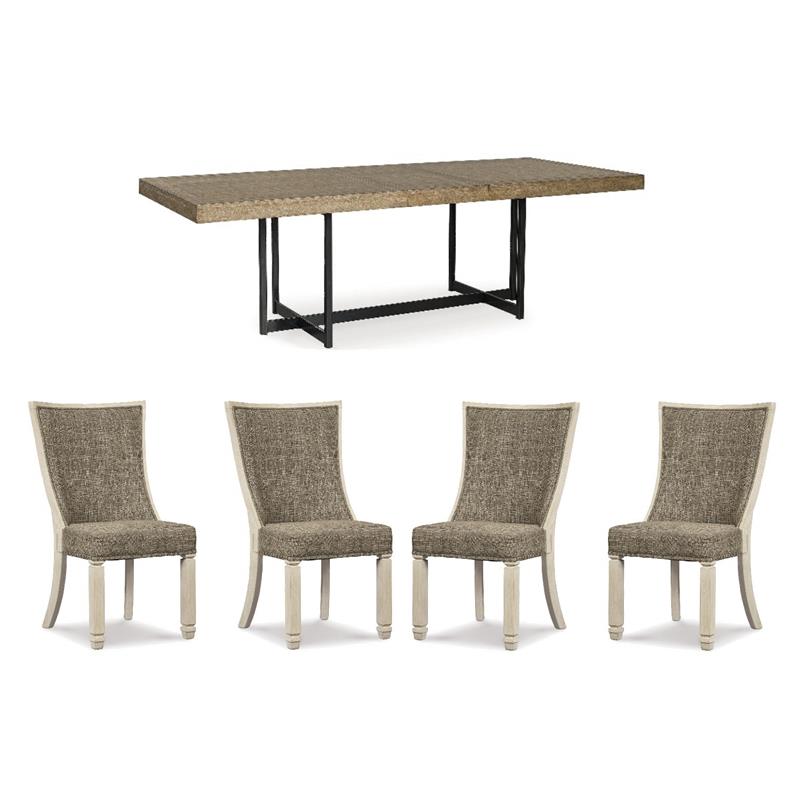 Maklaine Set of 5 Dining Extension Table & Upholstered Side Chairs