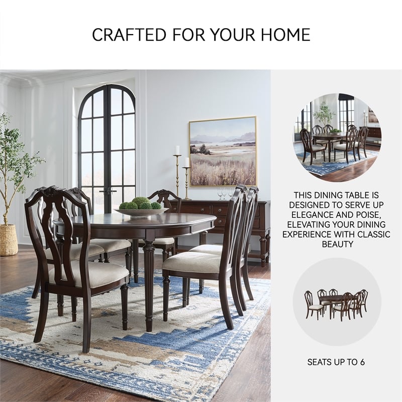 Maklaine Set of 7 Brown Dining Extension Table & Faux Leather Side Chairs
