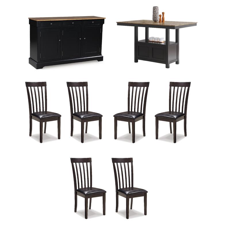 Maklaine Set of 8 Brown Counter Dining Table & Buffet & Faux Leather Side Chair