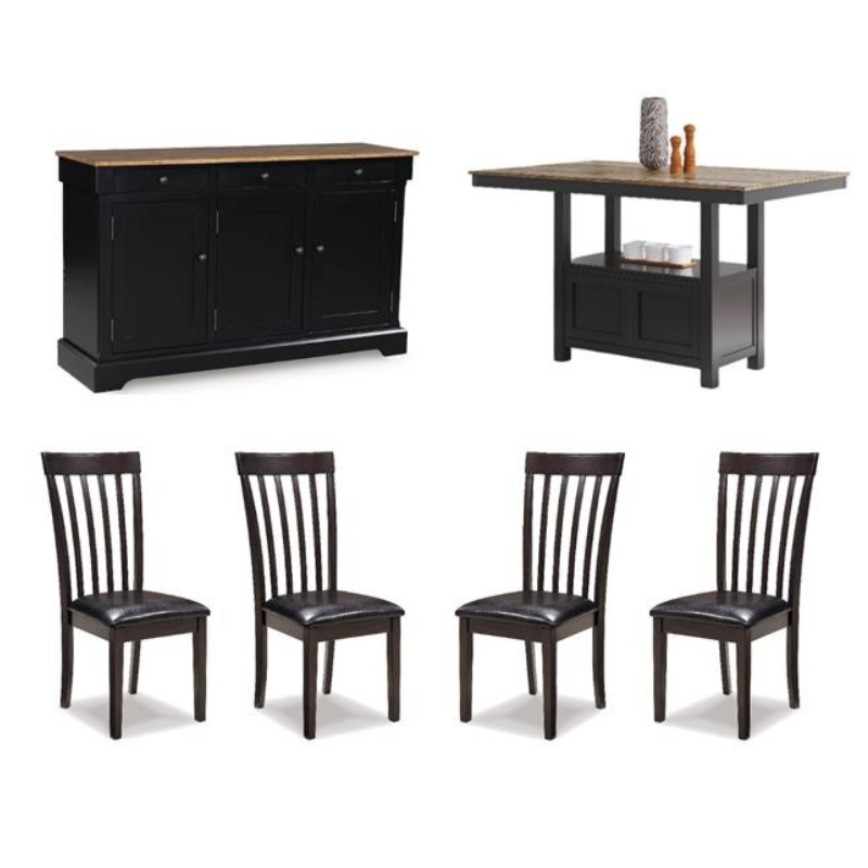 Maklaine Set of 6 Brown Counter Dining Table & Buffet & Faux Leather Side Chair