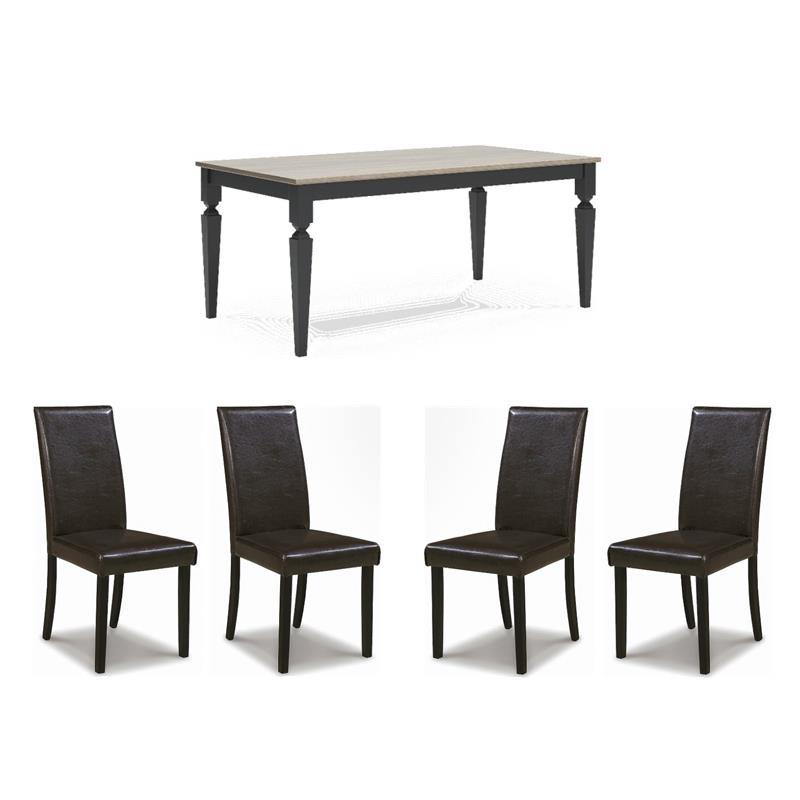 Maklaine Set of 5 Dining Table & Faux Leather Dining Side Chair in Brown