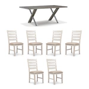 Maklaine Set of 7 Gray Dining Table & Upholstered Grayish Whitewash Chairs
