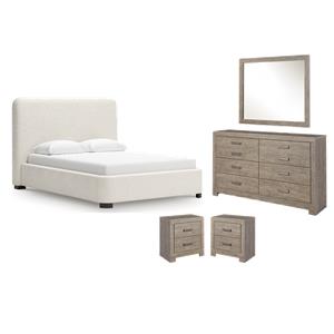 Maklaine Set of 5 Queen Upholstered Bed & Double Dresser & Mirror & Nightstands