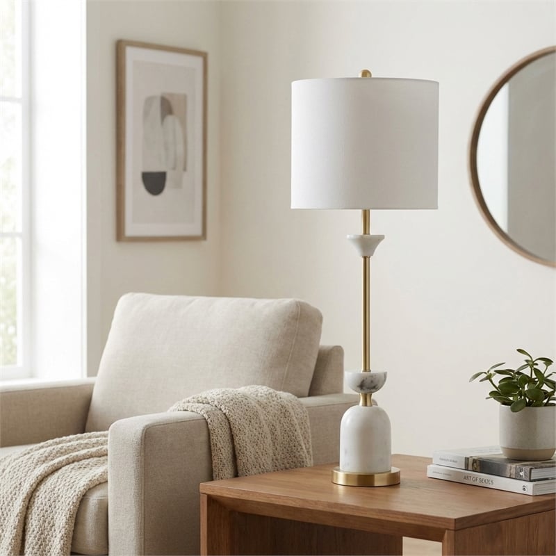 Maklaine White Marble and Brass Table Lamp