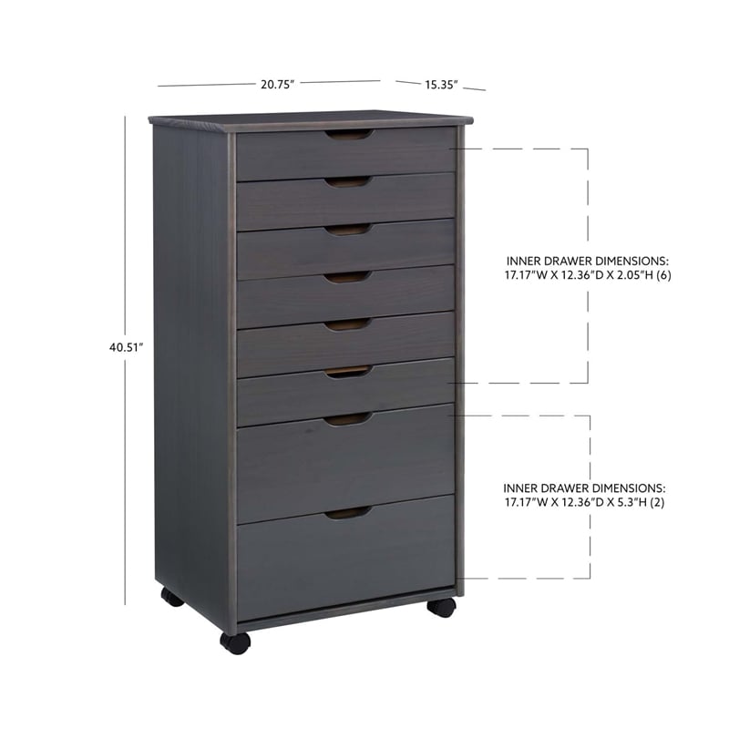Maklaine Transitional Eight Drawer Rolling Storage Cart in Gray Wood