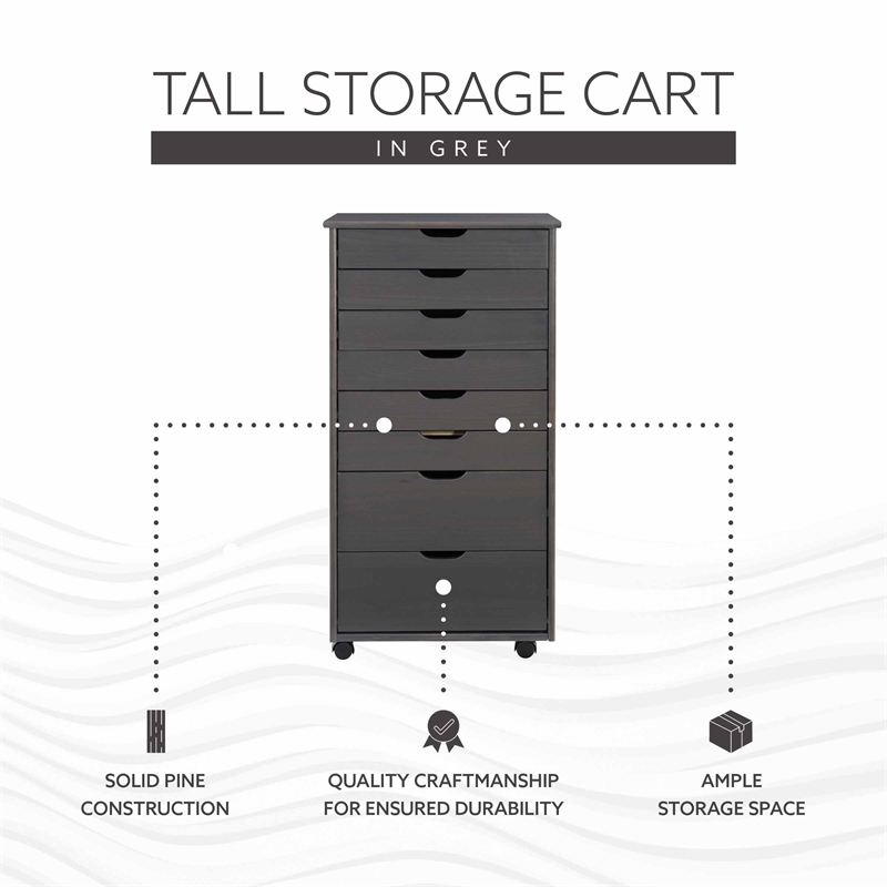 Maklaine Transitional Eight Drawer Rolling Storage Cart in Gray Wood