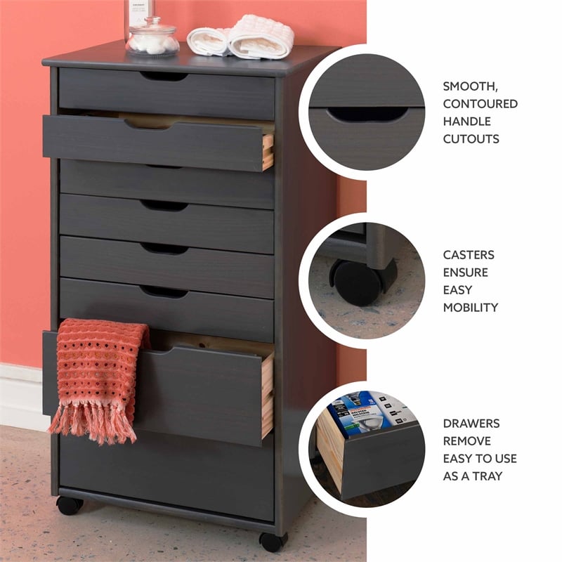 Maklaine Transitional Eight Drawer Rolling Storage Cart in Gray Wood