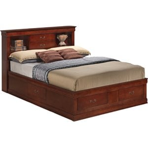 Maklaine Traditional Wood King Bookcase Storage Bed in Cherry