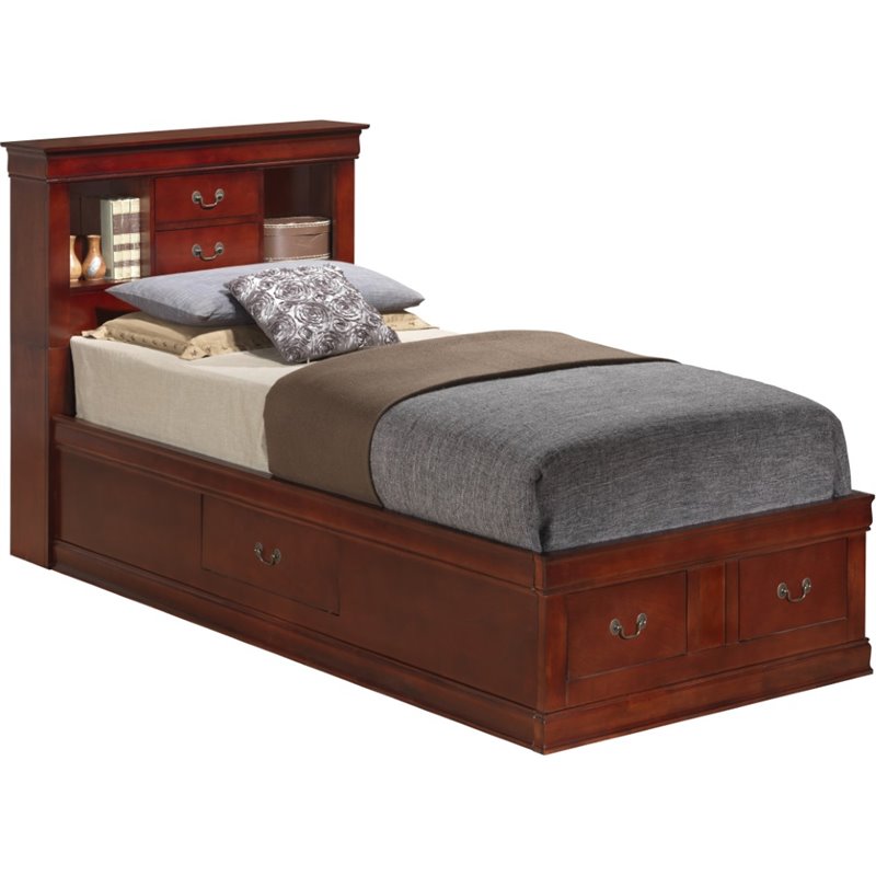 Maklaine Traditional Wood Twin Bookcase Storage Bed in Cherry