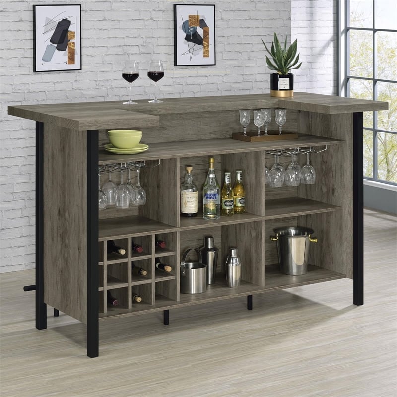 Maklaine Farmhouse Freestanding Home Bar Wine Cabinet Grey Driftwood