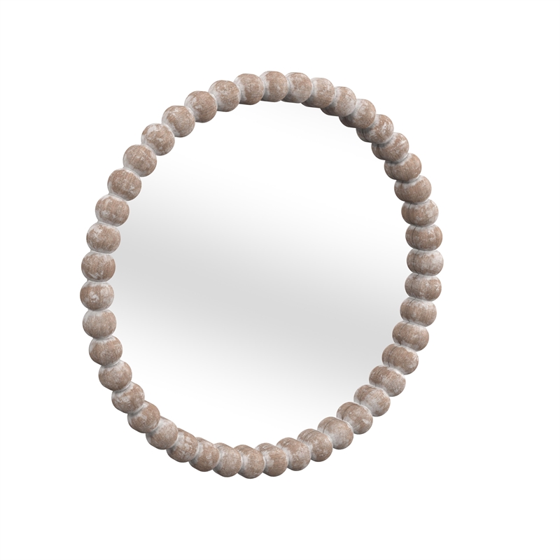 Maklaine Round Beaded Accent Mirror in White Washed Finish
