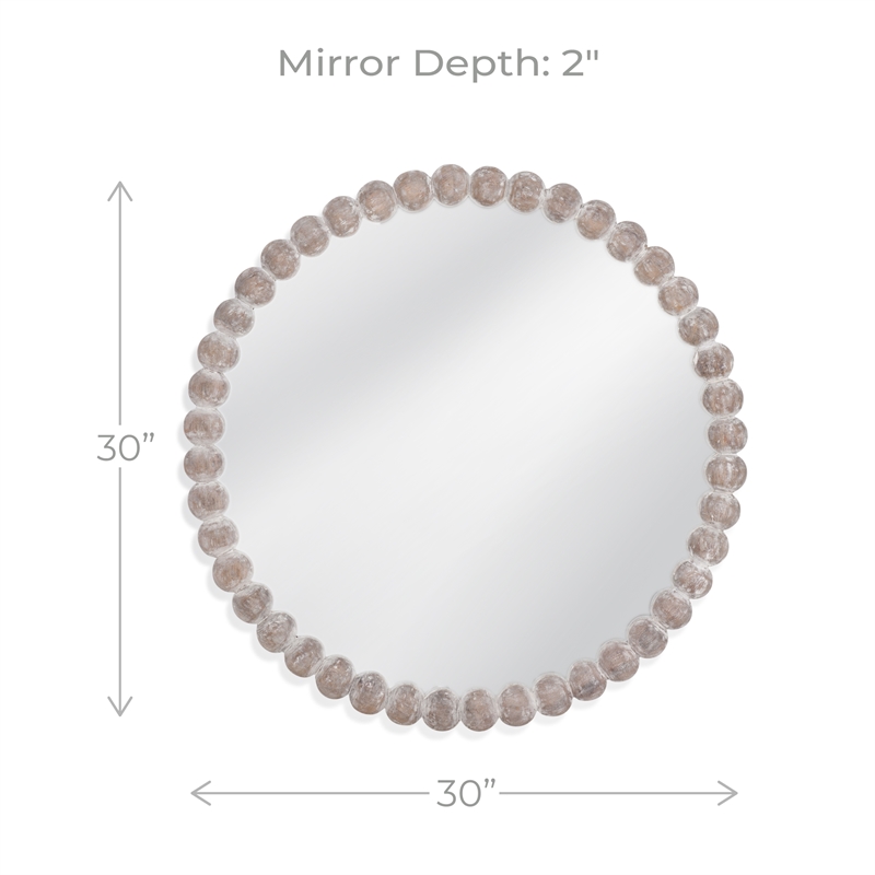 Maklaine Round Beaded Accent Mirror in White Washed Finish